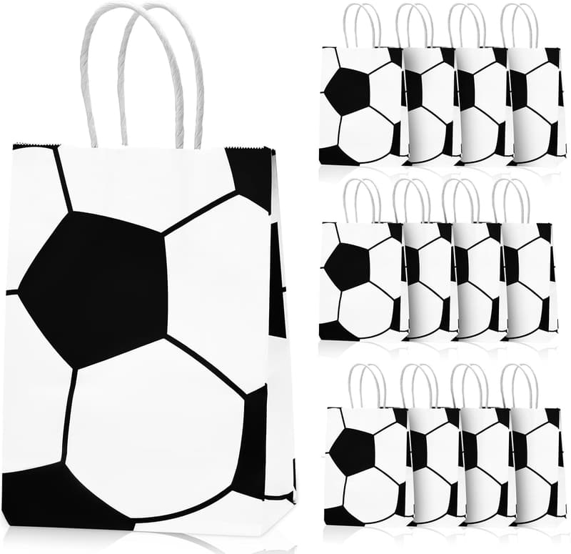 Soccer Party Favor Bags - 12 Pack Paper Gift Bags with Handles