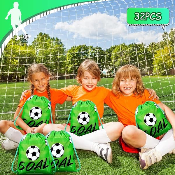 Soccer Theme Birthday Party Drawstring Bags - 32 Pack