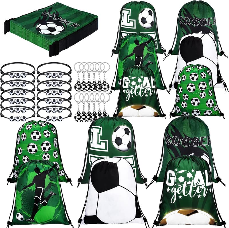 Soccer Birthday Party Favor Set: 12 Gift Bags, Bracelets & Keychains