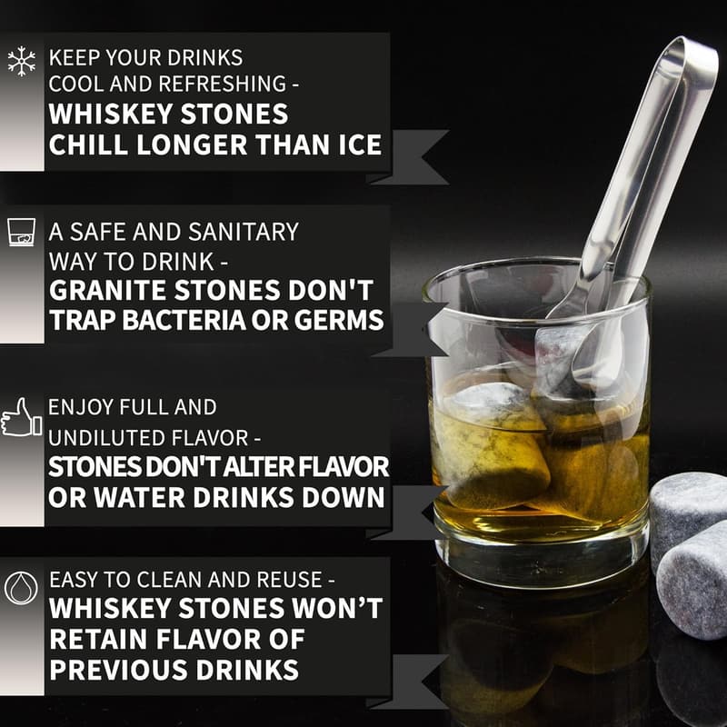Whiskey Stones Gift Set with Wooden Tray & Forceps