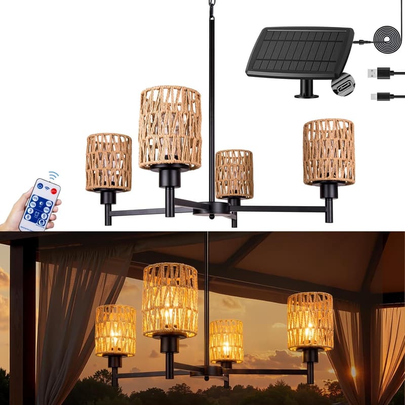 Outdoor Solar Chandelier - 4-Light Dimmable Pendant for Patio