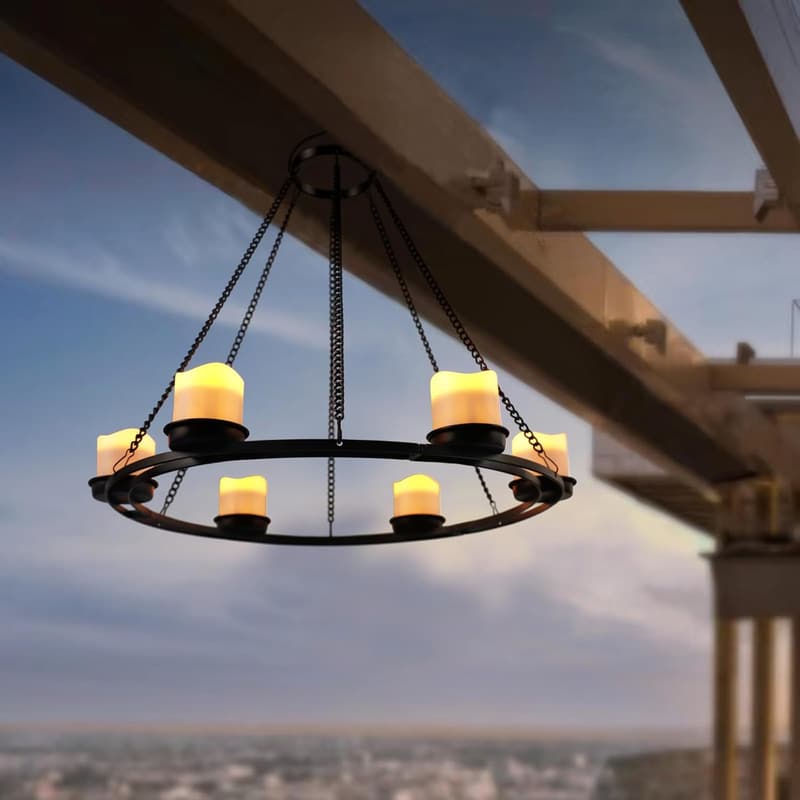 Solar Outdoor Chandelier Lanterns with 7 Votive Lights - Black Metal