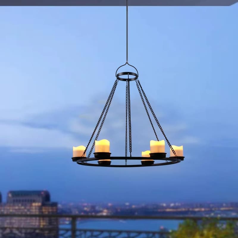 Solar Outdoor Chandelier Lanterns with 7 Votive Lights - Black Metal