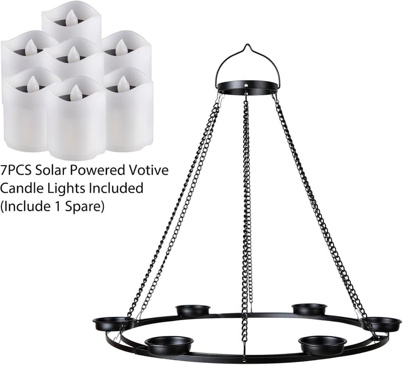 Solar Outdoor Chandelier Lanterns with 7 Votive Lights - Black Metal