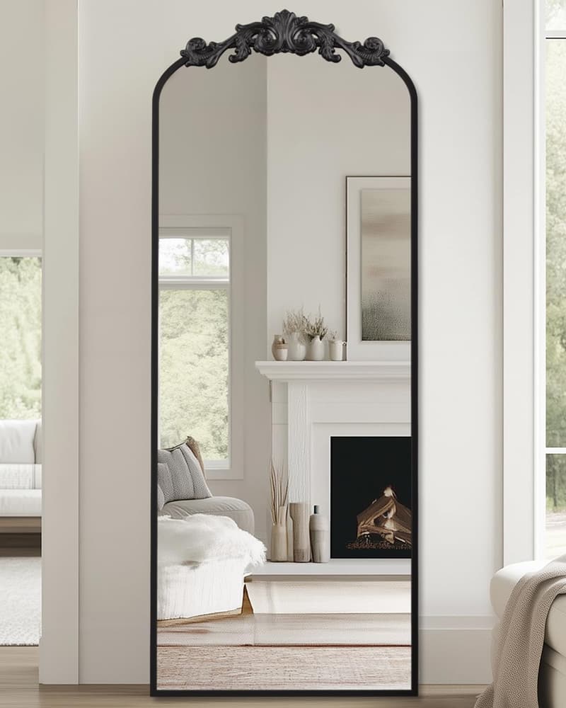 Freestanding Arched Full-Length Mirror with Carved Metal Frame