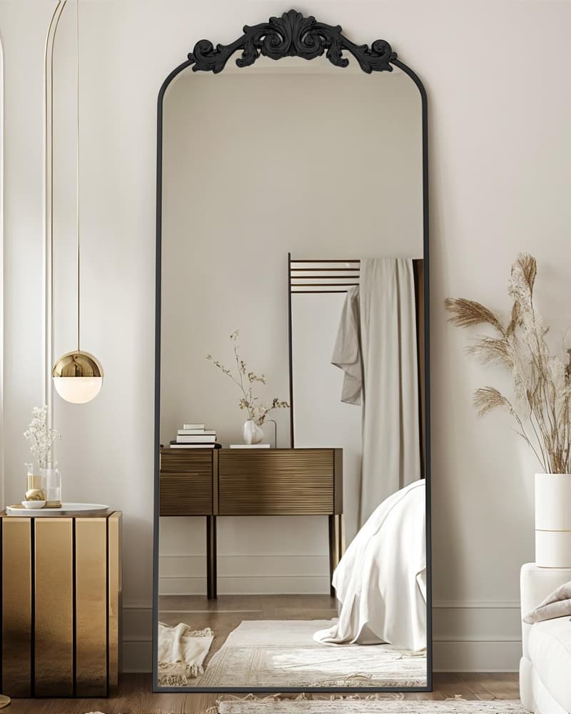 Freestanding Arched Full-Length Mirror with Carved Metal Frame