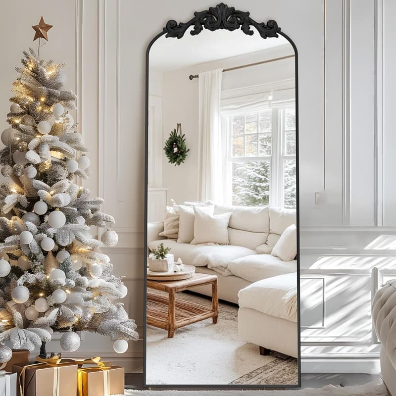 Freestanding Arched Full-Length Mirror with Carved Metal Frame