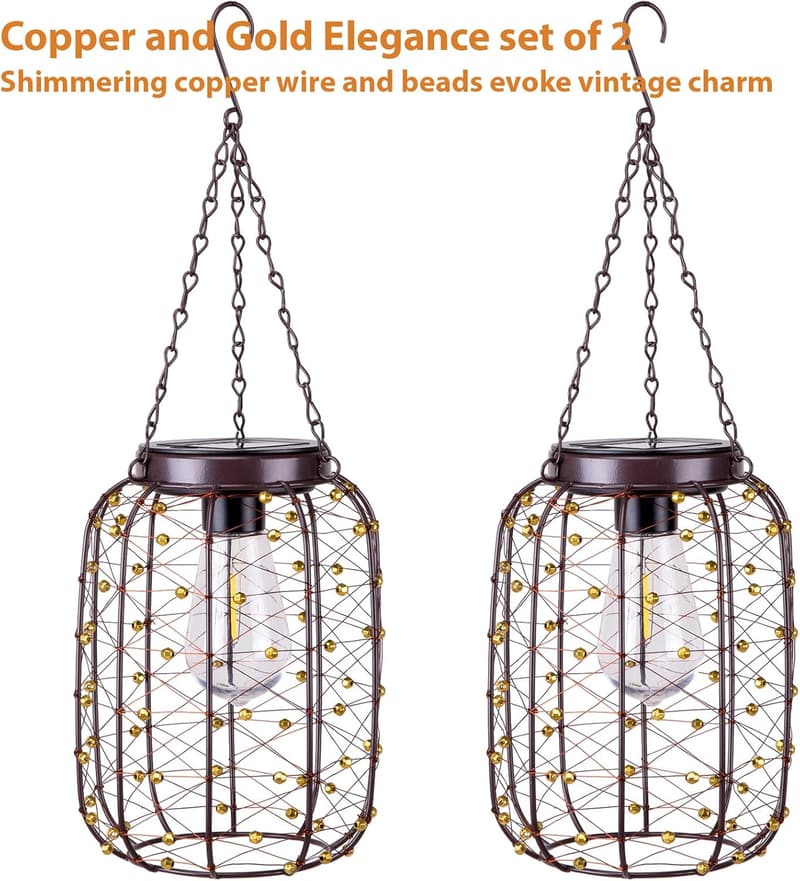 Vintage Copper Solar Lanterns - Waterproof Outdoor Decor, 2 Pack