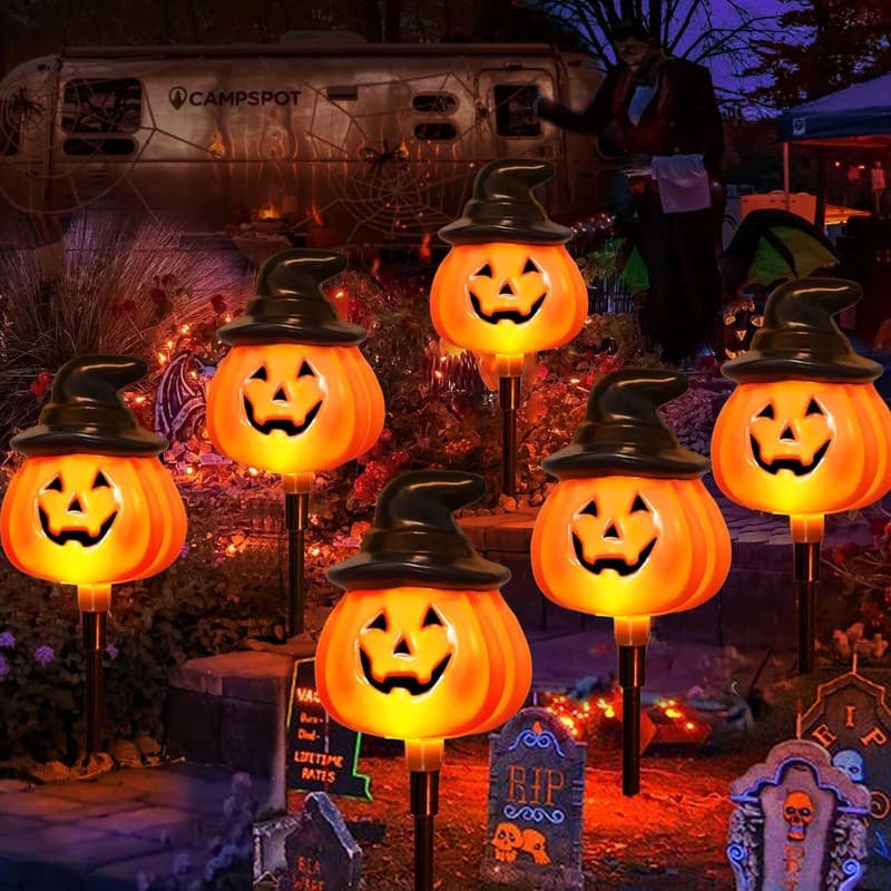 Orange Jack O'Lantern Solar Stake Lights - 6 Pack Halloween Decor
