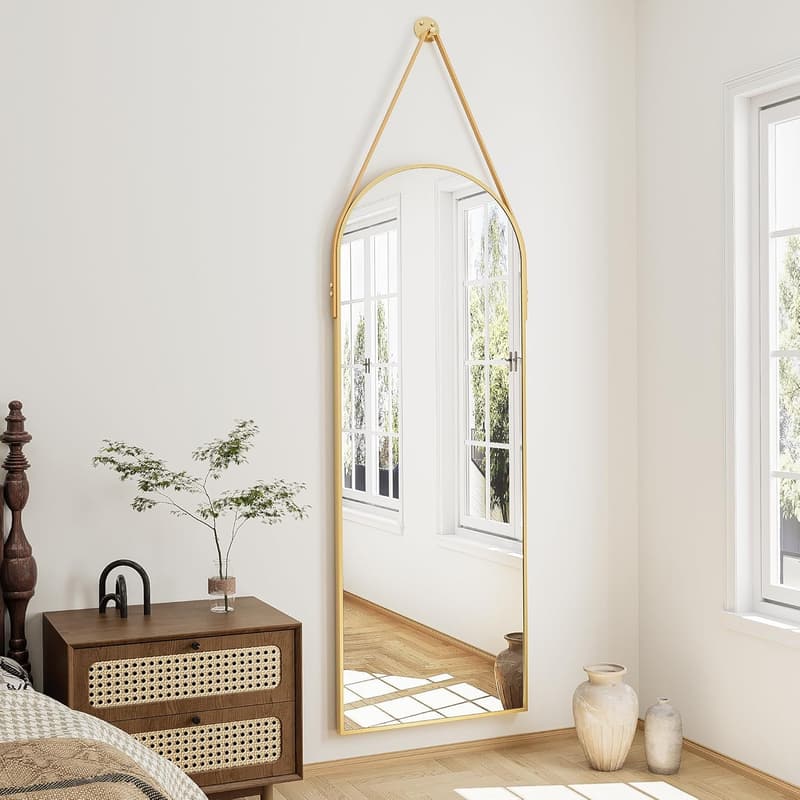 Gold Arched Full-Length Hanging Mirror with Leather Strap