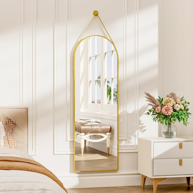 Gold Arched Full-Length Hanging Mirror with Leather Strap