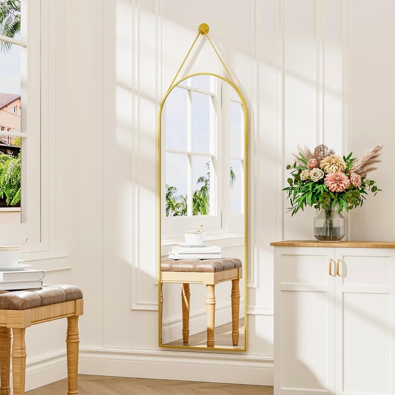 Gold Arched Full-Length Hanging Mirror with Leather Strap