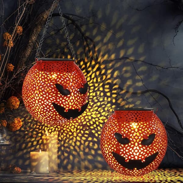 Halloween Solar Pumpkin Lanterns - 2 Pack, Waterproof Lights for Outdoor Decor