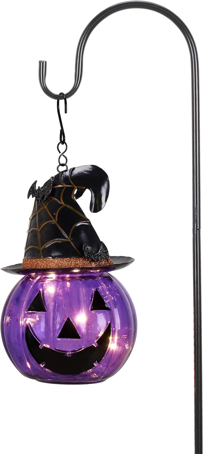 Halloween Glass Solar Lantern Stake with Purple Pumpkin Bats