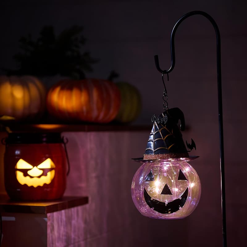 Halloween Glass Solar Lantern Stake with Purple Pumpkin Bats