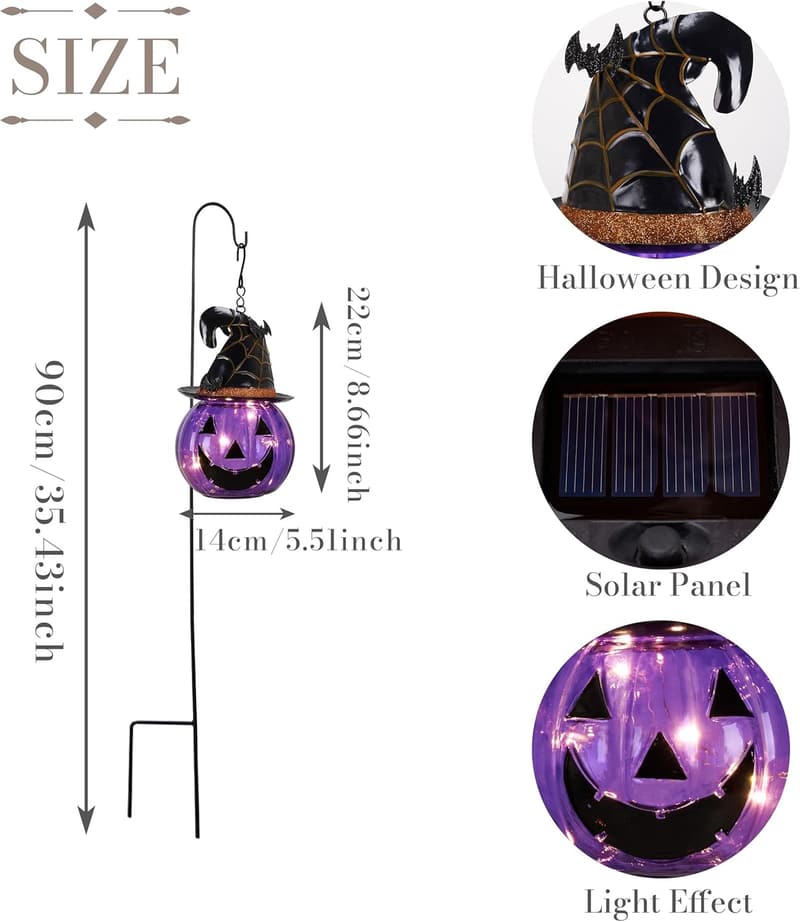 Halloween Glass Solar Lantern Stake with Purple Pumpkin Bats
