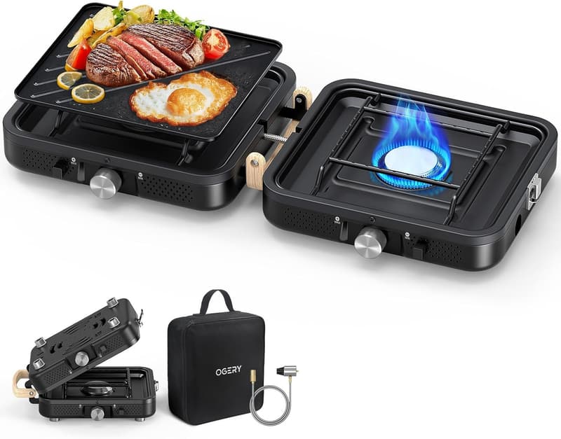 Portable 2-Burner Camping Stove with Griddle & Carrying Bag