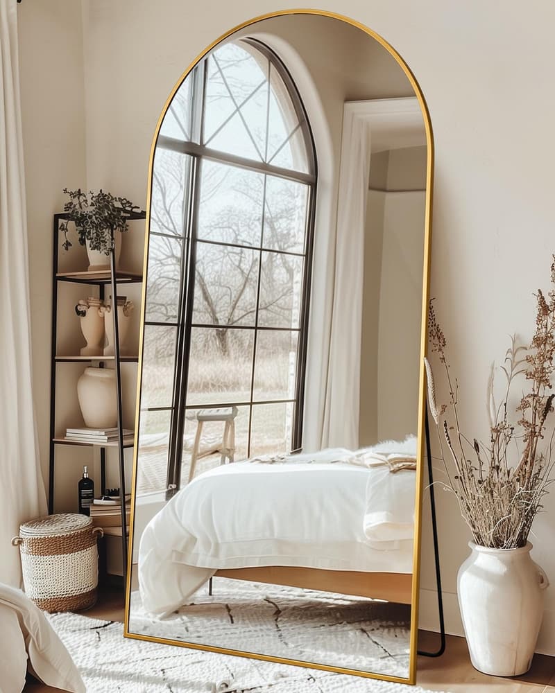 Arched Gold Floor Mirror with Stand, 76