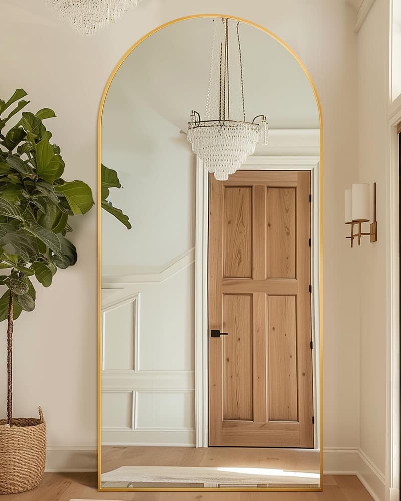Arched Gold Floor Mirror with Stand, 76