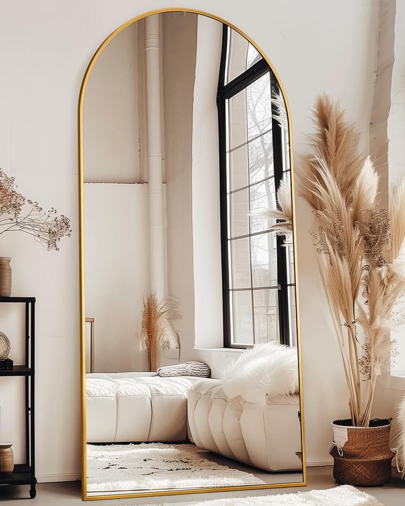 Arched Gold Floor Mirror with Stand, 76