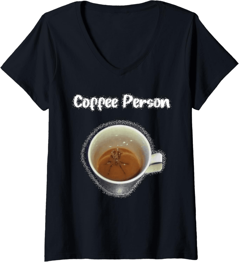 Funny Sarcastic Spider in Coffee Cup V-Neck T-Shirt for Women