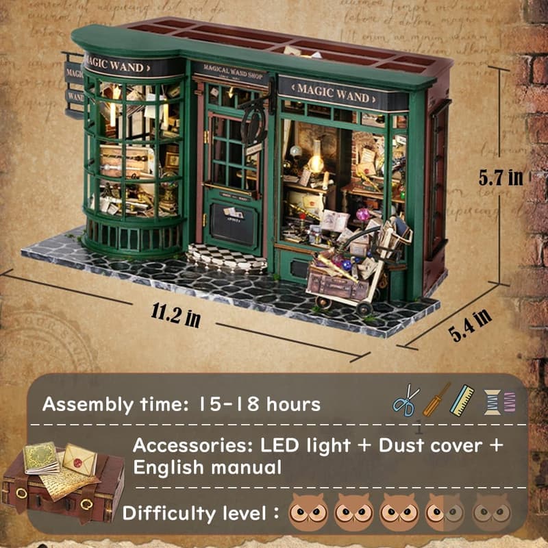 DIY Miniature Dollhouse Kit - Magic Wand Shop with Dust Cover
