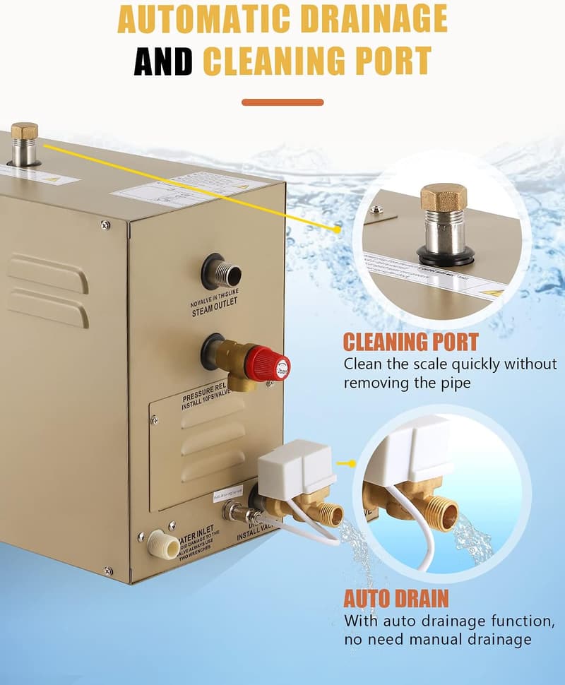 9KW Home Steam Bath Generator with Auto Drain, 30 Min to 12 Hours