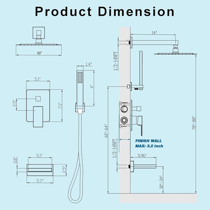 Matte Black Tub Shower System with 10
