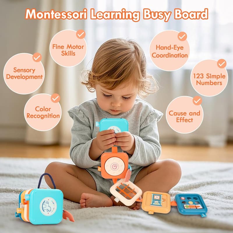 Montessori Busy Board for 1-Year-Olds, 8-in-1 Learning Toy