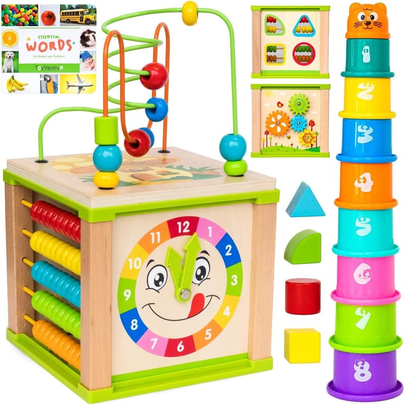 Montessori Wooden Activity Cube with First Words Book - Birthday Gift for Toddlers