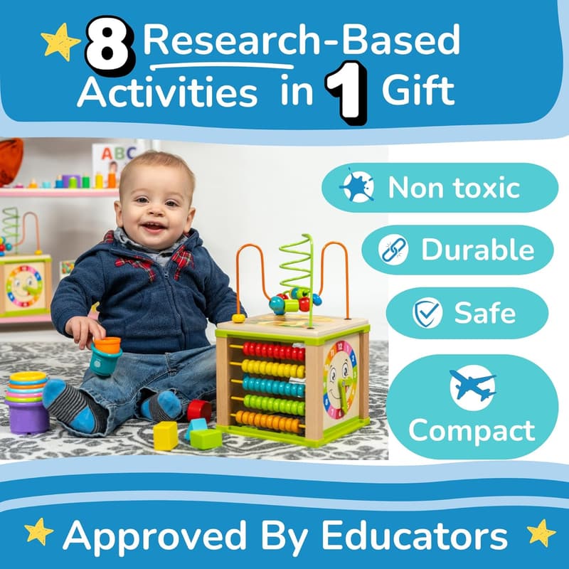 Montessori Wooden Activity Cube with First Words Book - Birthday Gift for Toddlers