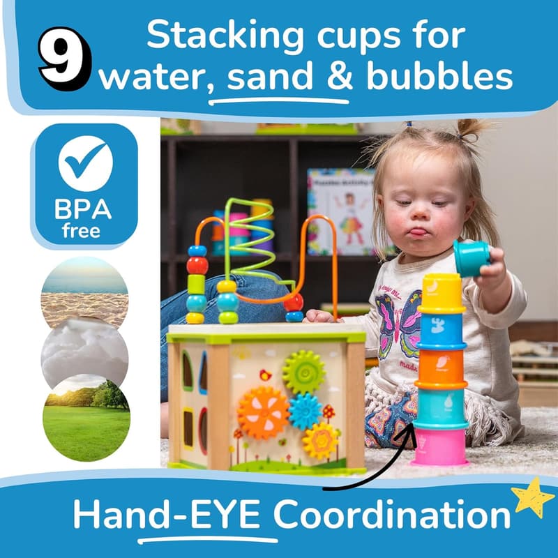 Montessori Wooden Activity Cube with First Words Book - Birthday Gift for Toddlers