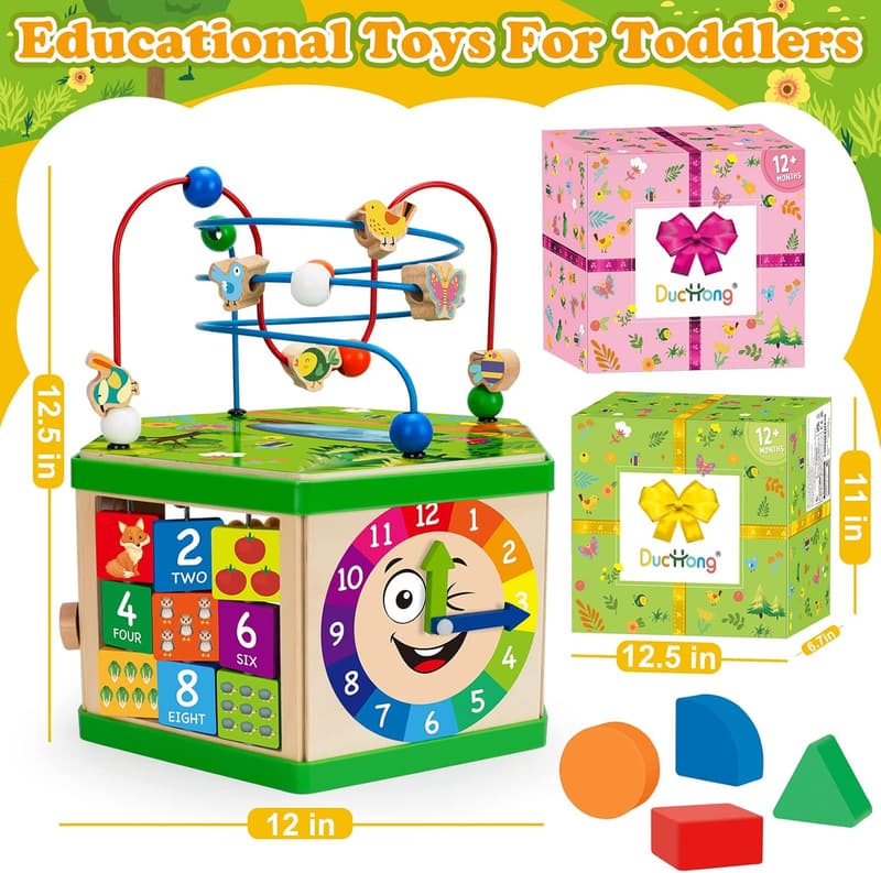 1st Birthday Gift: 7-in-1 Wooden Montessori Activity Cube