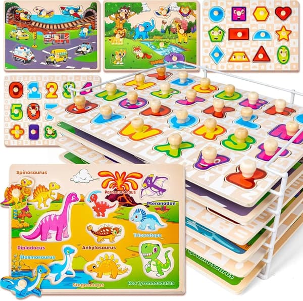 Educational Wooden Puzzles Set for Toddlers 1-4 with Rack