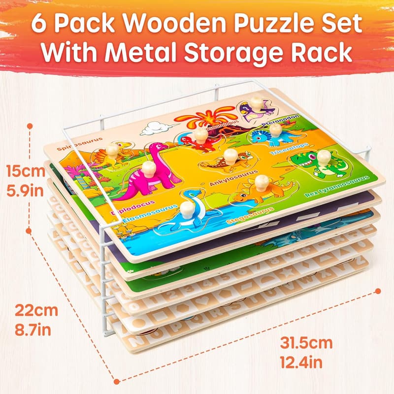 Educational Wooden Puzzles Set for Toddlers 1-4 with Rack