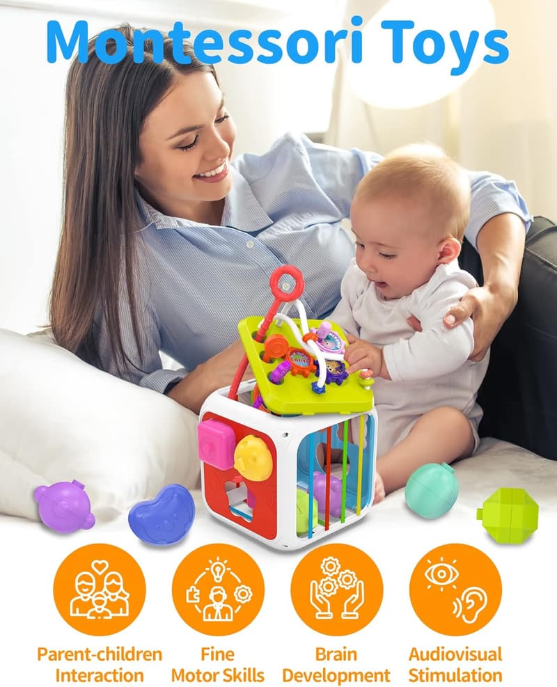 Sensory Activity Cube for 1 Year Olds, Montessori Learning Toy