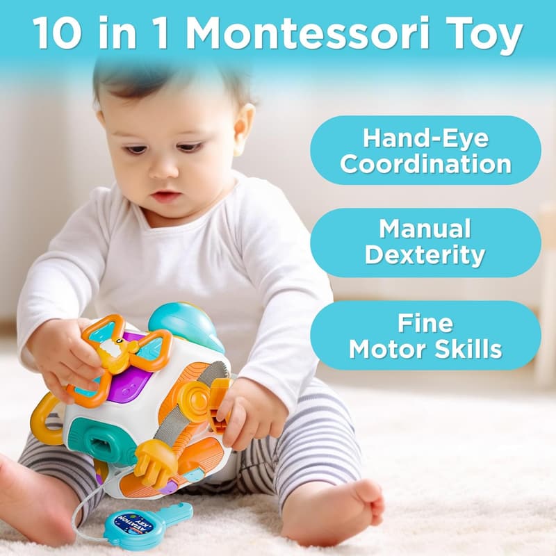 Montessori Sensory Busy Board Cube for Toddlers 1-3