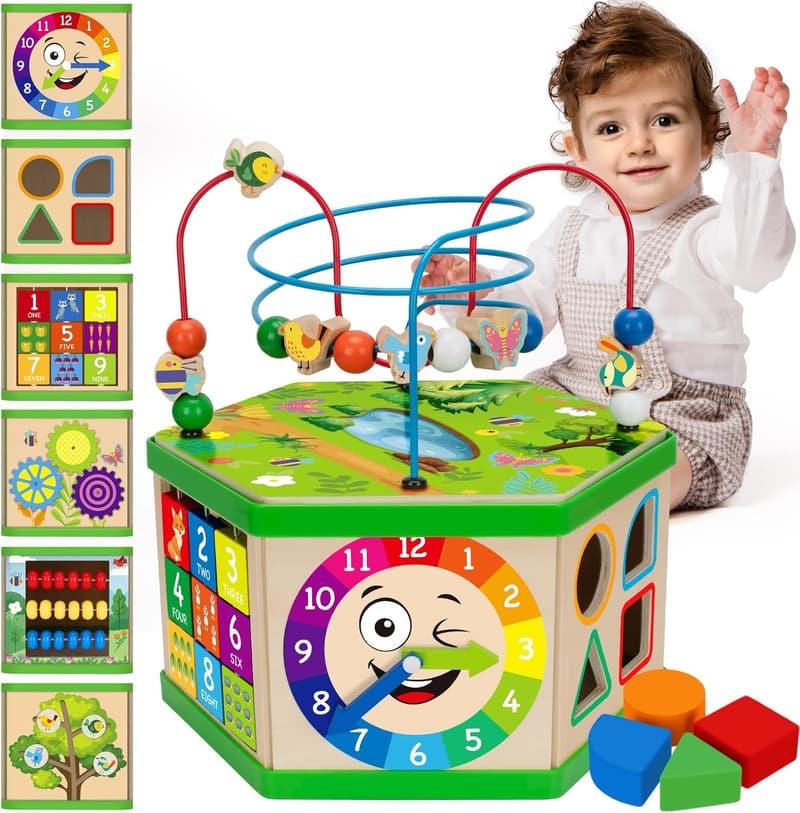 1st Birthday Gift: 7-in-1 Wooden Montessori Activity Cube