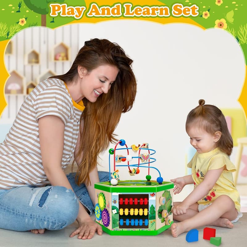 1st Birthday Gift: 7-in-1 Wooden Montessori Activity Cube