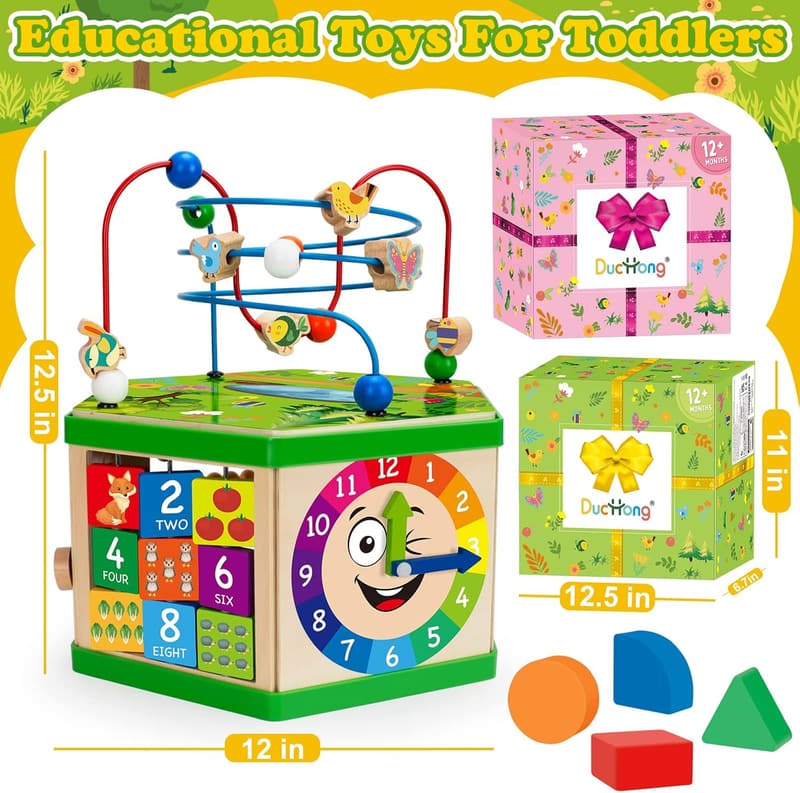 1st Birthday Gift: 7-in-1 Montessori Wooden Activity Cube