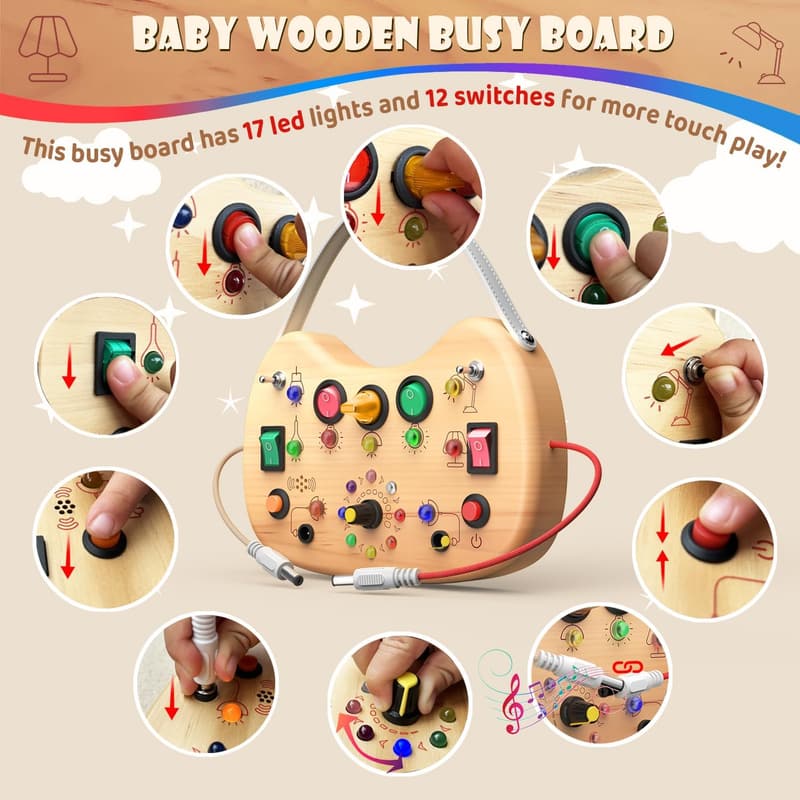 Montessori Wooden Busy Board with LED Light for Toddlers