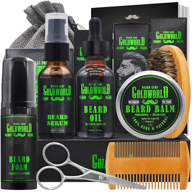 Beard Grooming Kit with Wash, Oil, Balm, Brush, and Comb