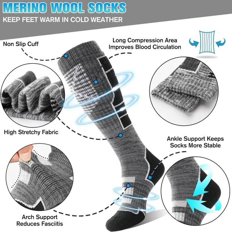 Unisex Merino Wool Knee High Ski Socks - 3 Pairs