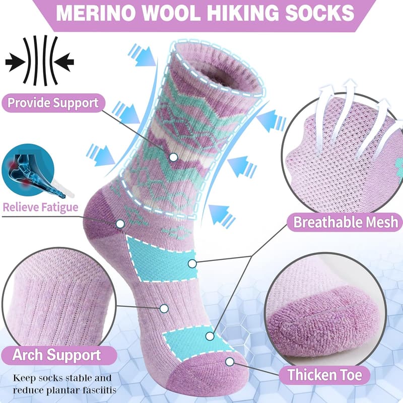 Warm Merino Wool Hiking Socks for Women - 5 Pairs