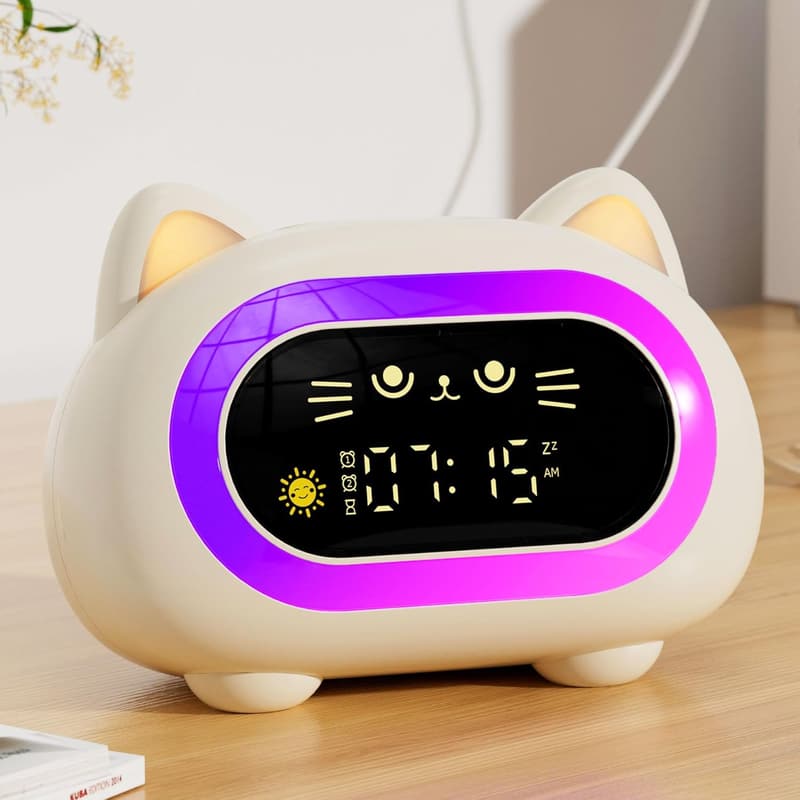 Cute Cat Alarm Clock for Kids with Night Lights & Sounds