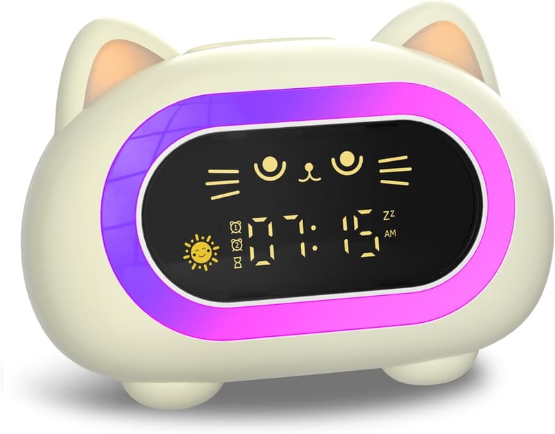 Cute Cat Alarm Clock for Kids with Night Lights & Sounds