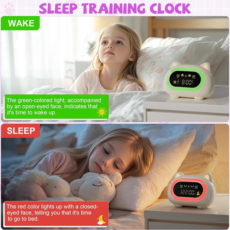 Cute Cat Alarm Clock for Kids with Night Lights & Sounds