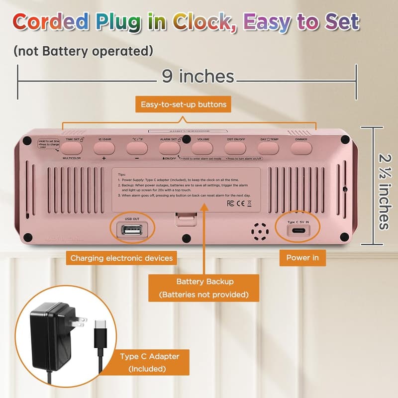 Kids Digital Alarm Clock with Large Display & RGB Colors