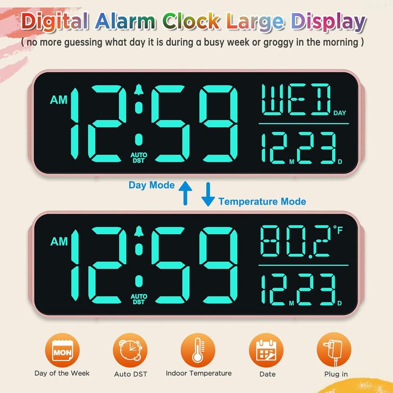 Kids Digital Alarm Clock with Large Display & RGB Colors