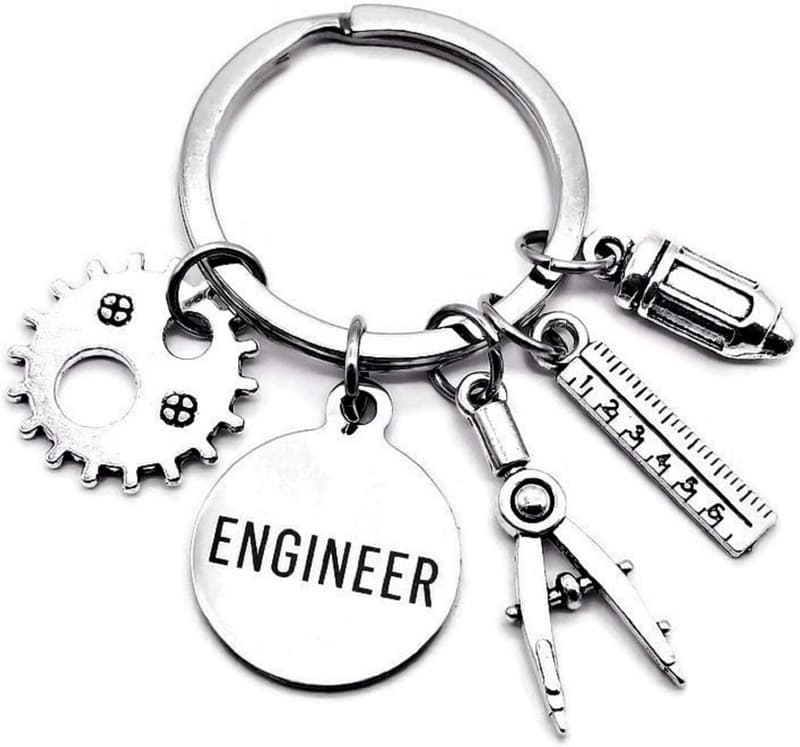 Engineering Graduation Keychain with Gear and Ruler Charms